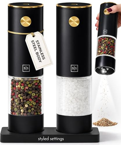 Styled Settings Electric Salt and Pepper Grinder Set Rechargeable, Black | Automatic Salt and Pepper Shaker Set with USB-C Port, LED Light, Adjustable Coarseness, One Touch Control, Stainless Steel - color: Black