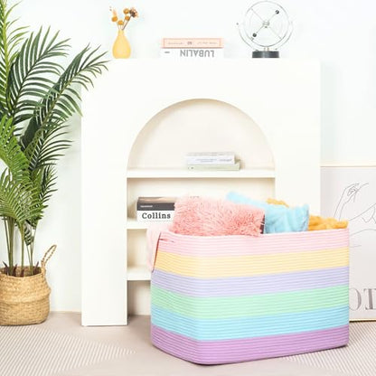 112L Extra Large Blanket Basket Holder Living Room, 25"x17"x16" Rectangle Rope Woven Storage Basket with Handles for Laundry, Towels, Shoes, Dog Toy Organizer Bin Box, Pastel Rainbow