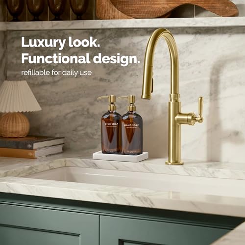 Vine Creations Amber Glass Soap Dispenser Set, Kitchen Soap Dispenser Set with Ceramic Tray, 16 oz Dish Soap and Hand Soap Dispensers with Stainless Steel Pump Decor (Amber Bottle/Brushed Brass) - color: Amber Bottle / Brushed Brass Pump