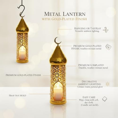 Hang or Display Decorative Metal Lantern with Gold-Plated Finish for Ambient Candle Lighting