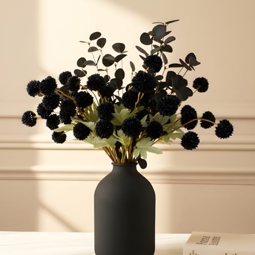 12 Black Artificial Flowers & Eucalyptus Long Stems, Halloween Decor | 50 Small Faux Silk Mum Balls + Black Eucalyptus Stems 2 branches, Fall Boho Thanksgiving Indoor, Gothic Flowers - color: Black