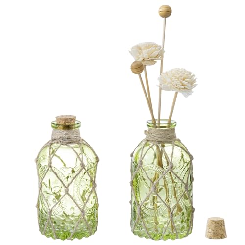 MyGift Set of 2 Vintage Embossed Green Glass Reed Diffuser Bottles with Cork Lids – Decorative Small Flower Bud Vases for Home Fragrance & Tabletop Decor - color: Light Green