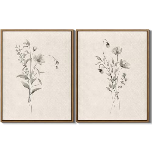 Vintage Botanical Wall Art 2 Piece Neutral Boho Flower Art Prints 11x14 In | Farmhouse Floral Plants Wall Decor Minimalist Artwork for Bedroom Bathroom Living Room Home Office | Framed and Stretched - color: Neutral Flower