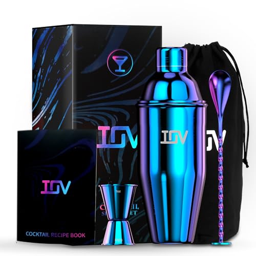 IOV Cocktail Shaker Bar Set, 24oz Martini Shaker with Built-in Strainer, Bar Tool Kit with Recipes Booklet, Professional Stainless Steel Large Bartender Drink Shaker Margarita Alcohol Mixer-Rainbow - color: 3 Pcs - Rainbow