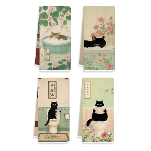Funny Cat Bathroom Hand Towels Set of 4, Cat Bathroom Decor, Vintage Japanese Floral Kitten Decorative Hand Towels for Bath Room Washroom Restroom, 16x24 Inches 576-YSZ-t(04) - color: White-japanese Cat Set of 4