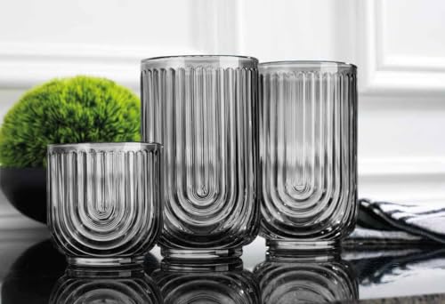 Glaver's 8 Piece Smoke Glassware Set, Art Deco Black Drinking Glasses, Ribbed U-Shape Design, 4 Highball 17oz and 4 Whiskey 11oz DOF Arch Drinkware - style: Smoke S/8 17oz 11oz