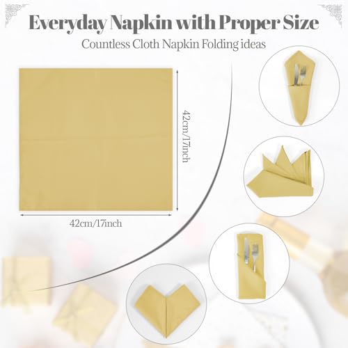 PLOYMONO Gold Cloth Napkins - 8 Pack 17" x 17" Washable Polyester Napkins | Heavy Duty 180 GSM Cloth Napkins with Hemmed Edges - Great for Restaurants, Weddings, Parties, Banquets Dinner - color: Gold