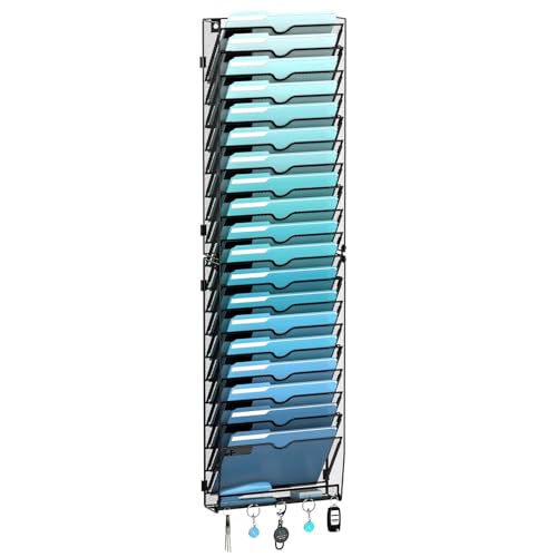 20-Tier Wall File Organizer and Mail Organizer with 5 Hooks, Black | Label slots, curved openings, 5 key hooks, and a bottom tray support organized mail, file, and everyday item storage. - color: Black, size: 20 Tier