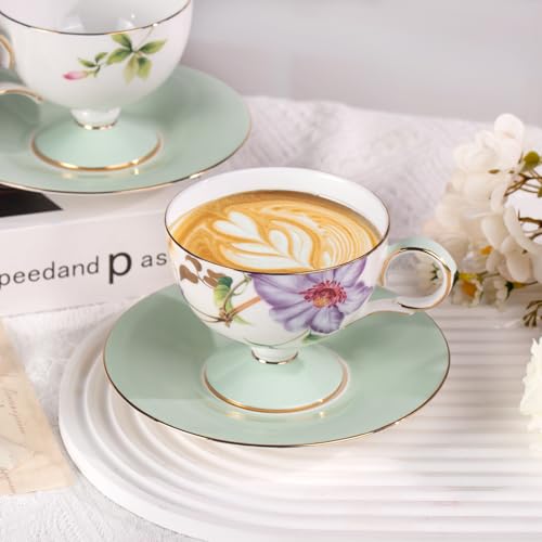 KAMMAK Tea Cups Set of 2,Ceramic Floral Pattern Demitasse Cup | Porcelain Espresso Cup with Saucer, 7.44 oz Handmade Elegant Bone China Tea Cups for Latte, Americano, Cappuccino - color: Begonia + Passionflower