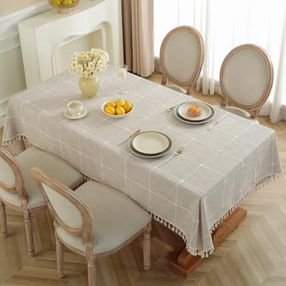 Laolitou Rustic Cotton Linen Table Cloth,Tablecloths for 6 Foot Rectangle Tables,Waterproof Washable Tablecloth with Tassel Rectangle/Oblong, 55''x 86'', 6-8 Seats - color: Coffee Plaids, size: 86" x 55" (Rectangular)