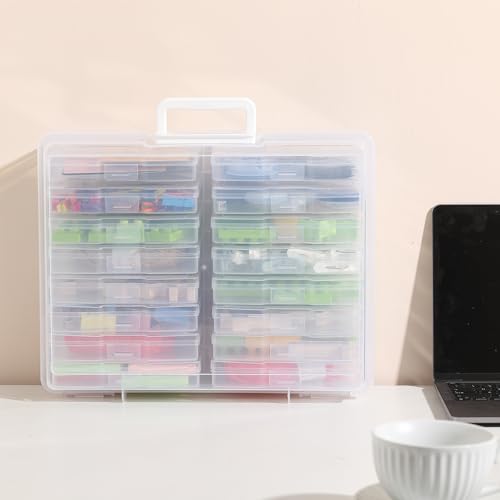 PCA Photo Storage Box 4" x 6" With Handle - 16 Inner Keeper, Large Organizer, Clear Plastic Craft Case for Stickers, Stamps, Jigsaw, Vegetable Seeds - color: white