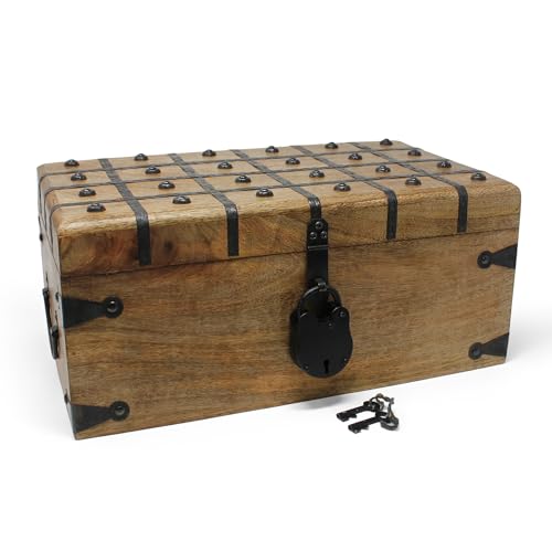 Treasure Chest Wooden Box with Antique Iron Lock and Skeleton Key (X-Large 17x10x7.5) - Storage and Decor – Pirate Wooden Treasure Chest, Decorative Box with Hinged Lid, - size: X-Large 17 x 10 x 7.5"