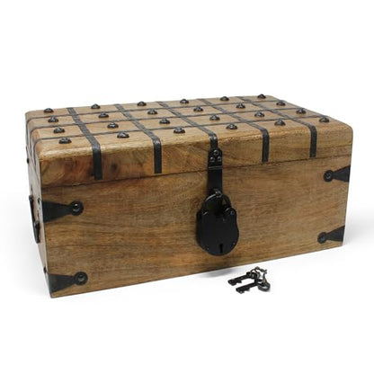 Treasure Chest Wooden Box with Antique Iron Lock and Skeleton Key (X-Large 17x10x7.5) - Storage and Decor – Pirate Wooden Treasure Chest, Decorative Box with Hinged Lid, - size: X-Large 17 x 10 x 7.5"