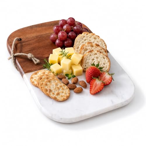 Marble & Acacia Wood Cutting Board 12.3x9.3" White Charcuterie, Cheese & Serving Tray for Bread, Steak, Fruit Elegant Solid Chopping Board for Kitchen & Parties - color: White Antique, size: 12.3"L x 9.3"W