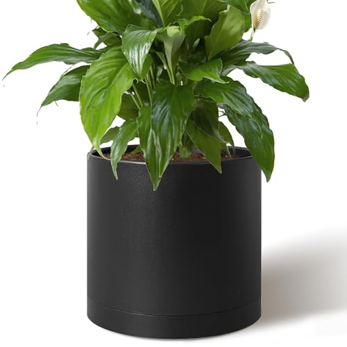 Giraffe Creation 14 Inch Cylinder Plant Pot, Modern Round Planter with Drainage Holes and Saucer, Durable Plastic Flower Pot for Indoor Outdoor Plants, Black - color: Black 14 Inch
