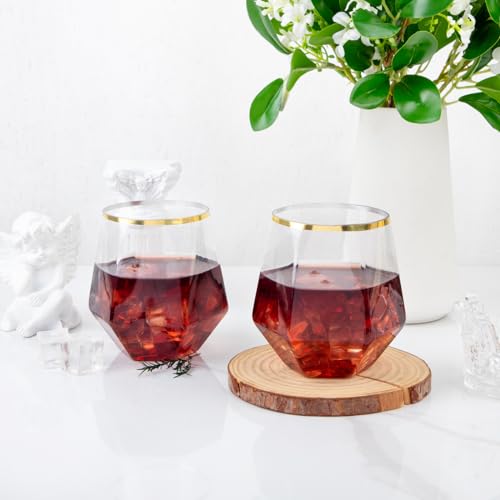 LUODA Gold Diamond Shaped Plastic Stemless Wine Glasses Set of 24, Disposable 12 Oz Gold Plastic Whiskey Glasses for Birthday, Housewarming and Weddings - color: Gold, size: 24 Count