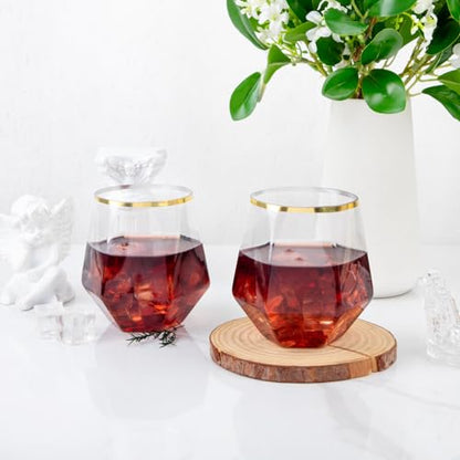 LUODA Gold Diamond Shaped Plastic Stemless Wine Glasses Set of 24, Disposable 12 Oz Gold Plastic Whiskey Glasses for Birthday, Housewarming and Weddings - color: Gold, size: 24 Count