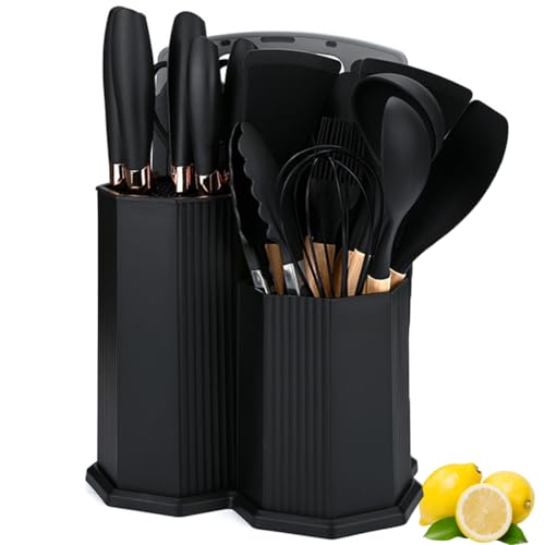 Kitchen Utensils Set,19 Pcs Cooking Tools and Knives Set,Cutting Board, Silverware Set, with Utensil Holder Precision Cutting and Organized Dining Kitchen Tool (Black) - color: Black