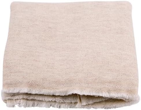 Cashmere Blanket – Hand Woven 100% Pure Wool Throw Blanket, 135 x 270 cm – Fine Herringbone Pattern Cozy, and Soft Blanket for Bed, Sofa, or Couch - Made in Nepal - color: Beige