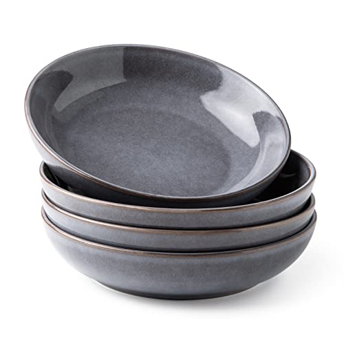 AmorArc 8.5’’ Ceramic Pasta Bowls Set of 4, 36oz Large Stoneware Bowls Set | Large Dinner Serving Bowls Set, Wide Bowl Plate for Pasta,Salad, Soup, Microwave Safe, Reactive Glaze - color: Reactive Gray, size: Set of 4