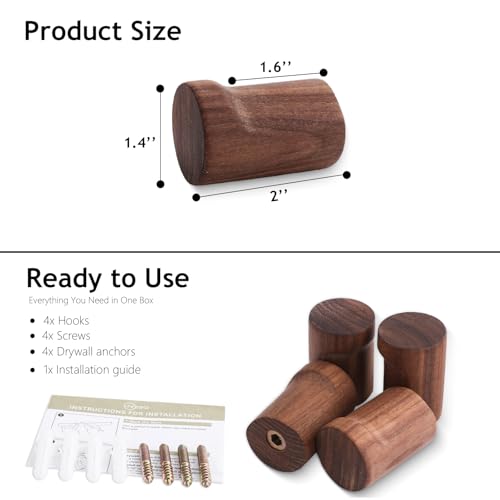 Wall Hooks for Hanging, 4 Pack Rustic Towel Hooks Coat Hooks Wall Mounted, Wood Small and Single Pegs for Hats, Clothes, Bags and Keys