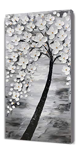 Yihui Arts Hand-Painted Textured White Blossom Tree Art on Canvas, Grey & Black Toned Floral Painting for Modern Home Decor, Unique Thick Textured Petals Wall Art - color: Vertical Flower Art, size: 40"L x 20"W