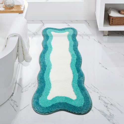 HAOCOO Irregular Shape Bathroom Rug Runner, 18x47 inch Soft Aqua Gradient Non Slip Bathtub Mat,Microfiber Washable Runner Rug Room Decor Aesthetic Carpet for Doormat Tub Bedside Bathroom Decor - color: Aqua Blue, size: 3'11" x 1'6" (Irregular)