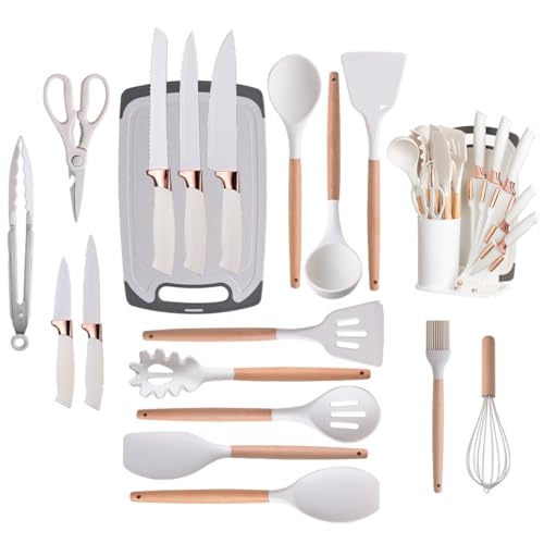 Kitchen Cooking Utensils and Knife Set with Block, 19 Pieces Cooks Cutting Set 11 Silicone Utensils Tool 5 Pcs Sharp Stainless Steel Chef Knives Scissors Whisk Tongs and Cutting Board (Light Green) - color: Light Green
