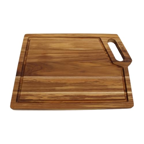 EcoDecors Teak Cutting Board 14x10 with Juice Groove & Handle | Edge grain teak cutting board provides a durable, knife-friendly surface for everyday kitchen prep and food cutting. - color: Corner Handle, size: 14"L x 10"W