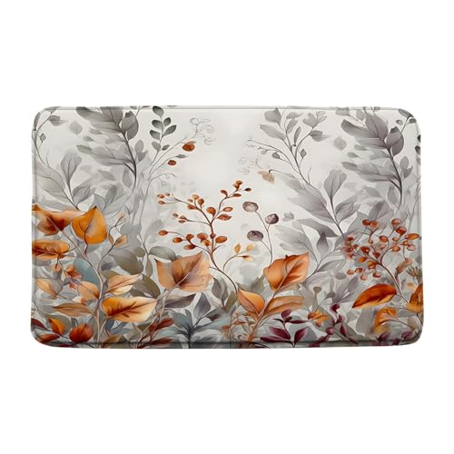Sunhe Watercolor Leaf Bath Mat Gray Orange Rustic Abstract Leaves Flower Berry Botanical Plant Print Memory Foam Soft Home Office Door Bathroom Mat/Bath Rugs - color: Gray Orange, size: 1'4" x 4' (Rectangular)