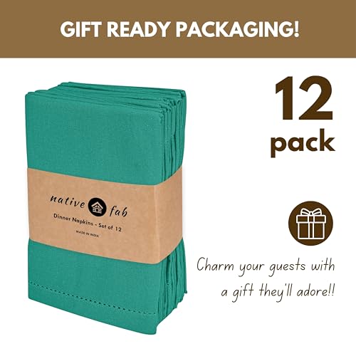 Native Fab Cloth Napkins Set of 12, 100% Cotton, Hemstitched Mitered Edges, Washable Fabric Napkins, 18x18 inch, Soft, Breathable, Reusable Linen Napkins for Events, Party, Luncheon - Royal Green - color: Royal Green, size: 18" x 18" (Set of 12)