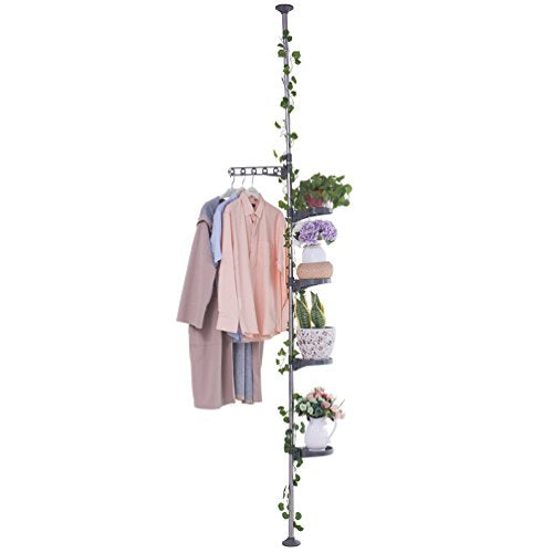 BAOYOUNI Plant Stand 5-Tier Tension Rod Pole Flower Holder Rack ，Grey | Indoor Vertical Garden Shelf，Space-Saving Corner Organizer,Adjustable Height for Flower Display Rack 4 Trays&1 Hook - color: Grey, size: 1 x 5 Tier