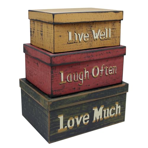 Primitive Vintage Rectangular “Live Well, Laugh Often, Love Much” Cardboard Nesting Boxes, Large 12 X 9 X 5-1/2 Inch. Set of 3. - color: Live Well, Laugh Often, Love Much, size: 12" X 9" X 5-1/2"H