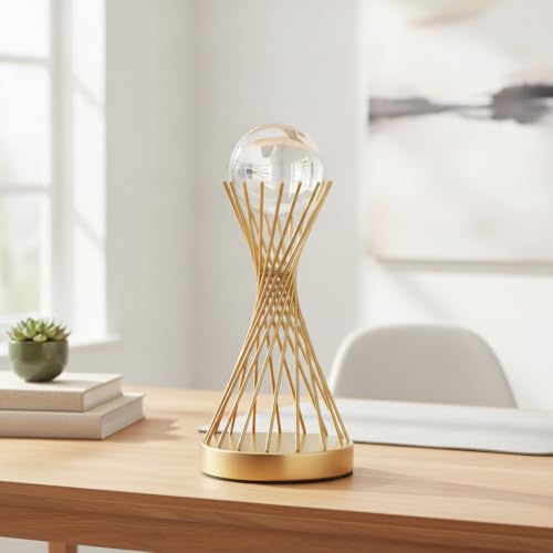 for Shelf, Desk, or Console Table Display: Modern Geometric Metal Leaf and Crystal Ball Sculpture Accent (1 PC) - size: 5.51 x 5.51 x 11.02 in