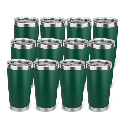 20oz Stainless Steel Tumbler Bulk with Lid, Travel Mug - Double Wall Vacuum Powder Coated Cup - Dark Green, 12 Pack - color: Dark Green, size: 12 Pack