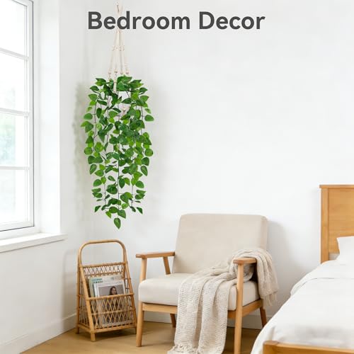 USLAI Fake Hanging Plant, Artificial Pothos Vines Greenery with Pot and Macrame Plant Hanger for Indoor Outdoor Boho Decor - size: 2 Pack