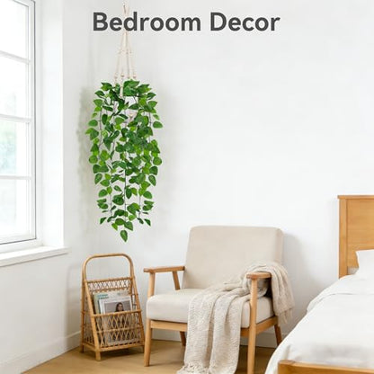 USLAI Fake Hanging Plant, Artificial Pothos Vines Greenery with Pot and Macrame Plant Hanger for Indoor Outdoor Boho Decor - size: 1 Pack