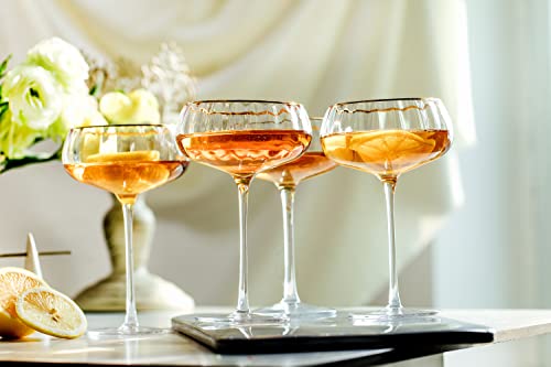 Lysenn Coupe Glasses Set of 4, Vintage Gold Rim Espresso Martini Glass, 9oz | Sturdy Stem, Hand Blown, for Champagne, Martini and Craft Cocktails, Wedding Reception, Dinner Party, Bar Cart, Ideal Gift