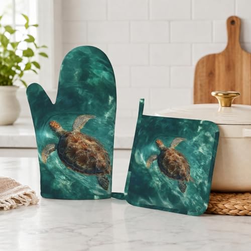 Sea Turtles Ocean Oven Mitts and Pot Holders Sets Silicone Heat Resistant Kitchen Oven Gloves Pot Holder for Cooking Baking Grilling BBQ - color: Sea Turtles Ocean