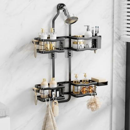 Shower Caddy Hanging Shower Head,Rustproof Hanging Shower Caddy Over Showerhead Bathroom Shower Caddies Shelf Organizer Rack For Sponge,Shampoo,Soap Storage,With Razor-Hooks,Black