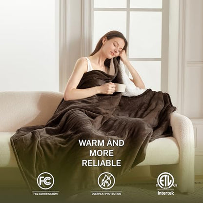 Heat Blanket 50”x60” Throw,Soft Flannel & Sherpa Reversible Electric Blanket with 10 Heat Settings,12 Timer Setting and 8 Hours Auto-Shut Off,ETL Certified Machine Washable,Dark Brown - color: Brown, size: 50*60in