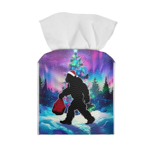 Christmas Bigfoot Print Square PU Leather Tissue Box Cover | Convenient open-top opening for quick tissue replacement, Aurora print Napkin Holder for winter holiday home decoration - color: Aurora Christmas Bigfoot Santa Hat
