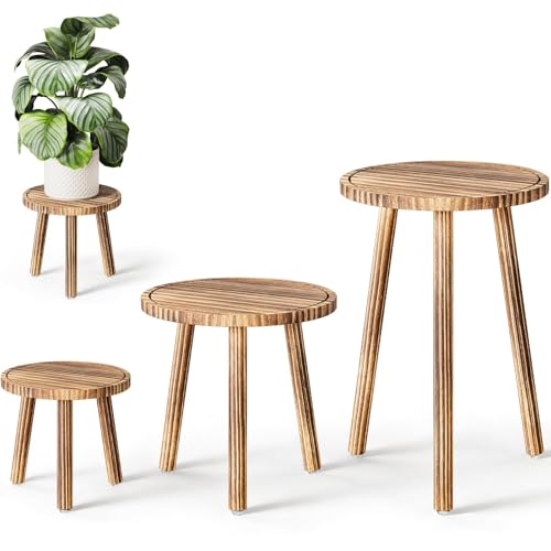 Plant Stand Indoor - 3-Pack Taller Single Wood Plant Stand for 6-12 Inch Pots, Mid-Century Modern Plants Stool for Large Plants, Small Round Wooden Planter Table for Living Room, Balcony