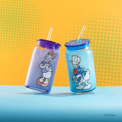 JoyJolt Disney Mickey Mouse and Friends Color Sketch Glass Tumblers with Lids and Straws, 16oz Glass Cups with Lids and Straws, Can Shaped Drinking Glasses Set of 4, Disney Gifts for Adults - style: Mickey Mouse