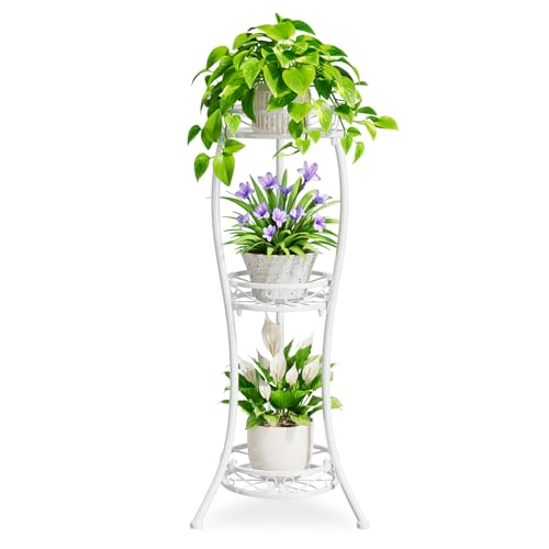 iDavosic.ly 3 Tier Metal Plant Stand Outdoor Indoor, 34 Inch Tall, White | Corner Flower Pot Holder Shelf, Wrought Iron Vertical Display Rack for Patio Porch Garden, Heavy Duty, Sturdy, Space Saving - color: White, size: 3 Tiers