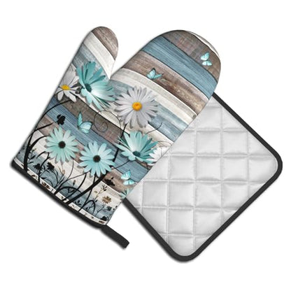 Daisy Floral Oven Mitts and Pot Holder Sets Rustic Wood Potholders Non-Slip Heat Resistant Oven Gloves for Kitchen Baking Cooking Grilling - color: Daisy Wood