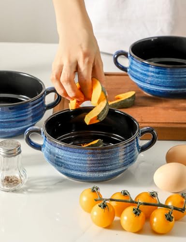 HASENSE Soup Bowls, 20 OZ French Onion Soup Crocks with Handles, Ceramic Small Serving Bowls for Chili, Stew, Cereal, Microwave Oven and Dishwasher Safe, Set of 4, Blue - color: Blue, size: 20oz - 4pcs