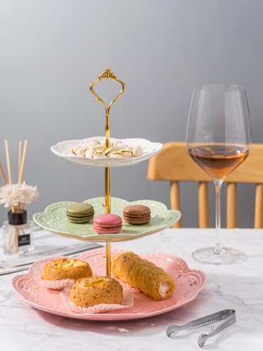 Jusalpha 3-Tier Multi Color Solid Ceramic Serving Stand (3 Color-Gold) | Adjustable Cake Stand-Dessert Stand-Cupcake Stand-Tea Party Serving Platter comes with a sugar tong - color: Gold