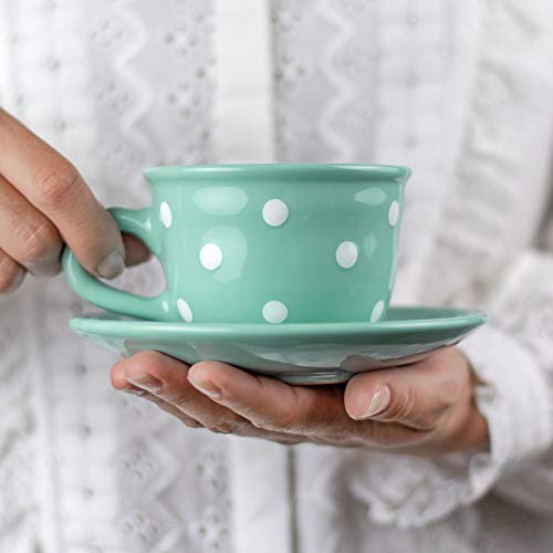 City to Cottage Handmade Teal Blue and White Polka Dot Ceramic 8.4oz/250ml | Cappuccino, Coffee, Tea Cup and Saucer, Unique Designer Pottery Gift for Tea Lovers - color: Turquoise - 8.5oz (250ml)