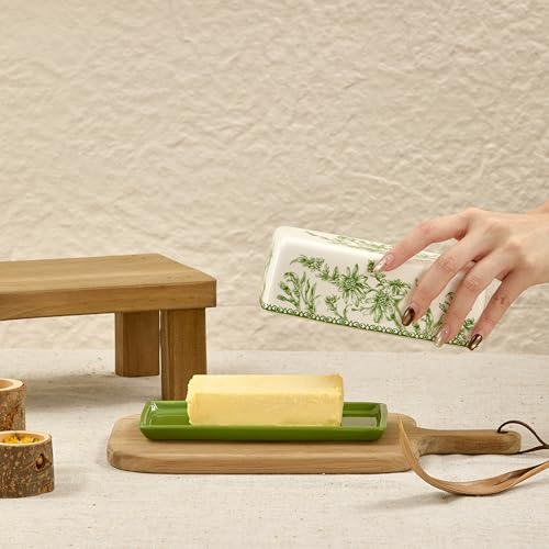 Bico Green Garden Toile De Jouy Ceramic Butter Dish with Lid, Wide Butter Keeper for Counter, Kitchen Countertop, Microwave and Dishwasher Safe - color: Green Garden Toile De Jouy